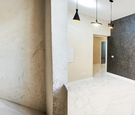 Renovation concept, new kitchen before renovation works vs after, creative modern interior design vs empty walls